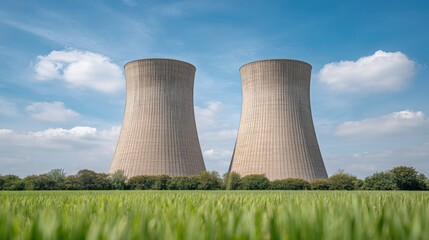 Fototapeta premium Cooling Towers Against Clear Blue Sky with Green Grass in Foreground, Industrial Energy Plant, Fresh Air Environment, Nature and Technology Harmony
