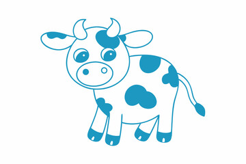 Cartoon style blue spotted cow standing innocently with a white background smiling