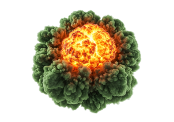 A vibrant explosion of orange flames surrounded by billowing, textured, dark green smoke against a stark black backdrop.