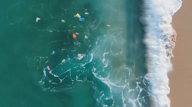 Colorful plastic debris floating in clear ocean water near the shore.