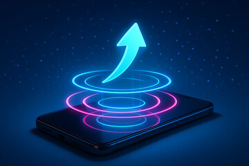 Upward trend and progress concept symbolized by a large bright glowing blue curved arrow emerging from a mobile phone screen with concentric neon rings on a dark digital background