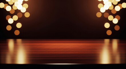 Warm bokeh lights reflecting on a polished wooden surface glow reflection