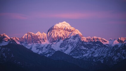 Magnificent snow-capped mountains bask in the warm glow of the setting sun, their peaks painted with vibrant shades of pink and orange against a tranquil purple sky, presenting a breathtaking...