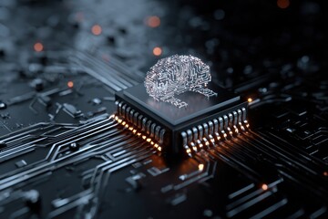 A futuristic microchip design featuring a brain silhouette, symbolizing the intersection of technology and artificial intelligence.