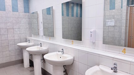 Public restroom sinks and mirrors, Washbasin hygiene facility