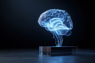 A glowing, digital representation of a brain on a pedestal, showcasing futuristic design and technology against a dark background.
