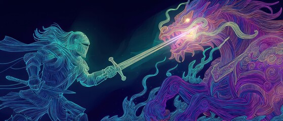 Epic neon battle between knight and dragon in vibrant line art