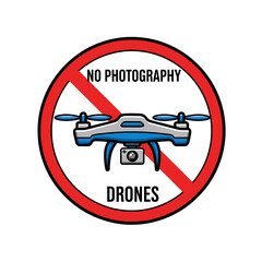 A no photography drones sign with a red prohibition symbol over a blue quadcopter on a white background.