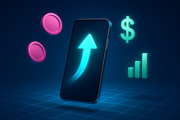 Investment and financial gains concept illustrated by a smartphone showing a bright upward arrow, floating pink coins, a dollar sign, and a small bar chart against a blue wireframe background