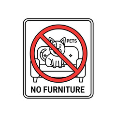 A sign indicating that pets are not allowed on the furniture, with a stylized image of a cat on a couch within a red prohibition circle.