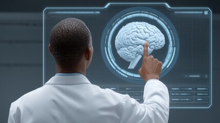 Doctor examining a virtual brain model in a futuristic medical laboratory with advanced technology display and digital interface for healthcare analysis