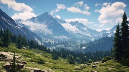 Obraz premium Stunning alpine landscape, lush green meadows, majestic snow-capped mountains, towering evergreen forests, dramatic cloudy sky, serene mountain lake, rugged rocky terrain, tranquil hiking trail, pictu