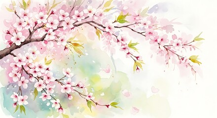 Obraz premium Watercolor painting of cherry blossoms on branches with soft pastel background and falling petals art