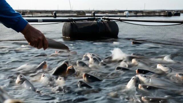 Fish frenzy in aquaculture enclosure