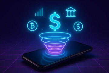 Financial technology with dollar sign and cryptocurrency icons emerging from a smartphone on a neon grid
