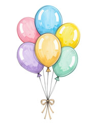 Hand-drawn style illustration of a bunch of pastel party balloons tied with a ribbon, isolated on transparent background