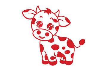 Charming red outlined cow stands joyfully, showcasing adorable spots on white background