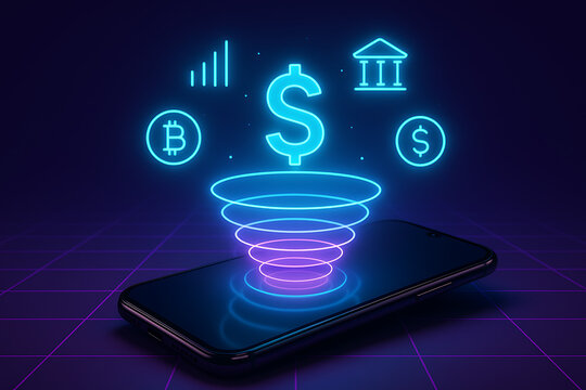 Financial technology with dollar sign and cryptocurrency icons emerging from a smartphone on a neon grid