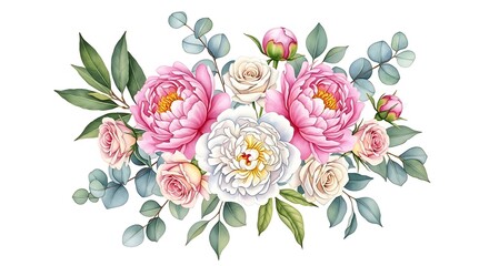 Fototapeta premium A watercolor illustration of pink and white peonies with roses and eucalyptus leaves on white background
