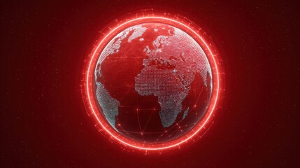 Digital depiction of Earth in a glowing red network sphere surrounded by interconnected lines and dots representing global connectivity and technology