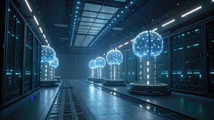 Futuristic data hub with glowing AI models floating in high tech server room, illuminated by blue neon lights