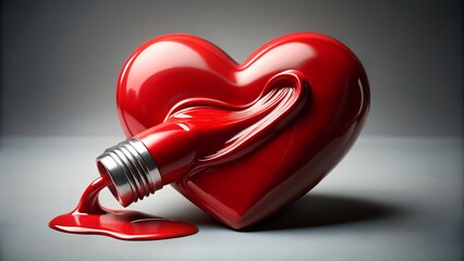 A glossy red heart shape with a tube of red paint or liquid pouring out, symbolizing love, emotion, or passion