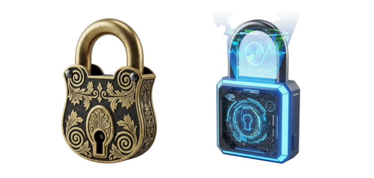 Antique Padlock and Futuristic Digital Lock Side by Side White Cutout.