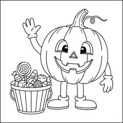 Happy Halloween Pumpkin Character Waving with Candy Bucket - Line Art Illustration for Coloring Book