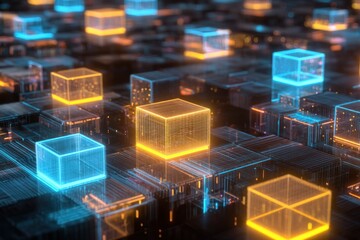 A digital landscape featuring glowing, transparent cubes in vibrant colors, representing data blocks or a futuristic technology theme.