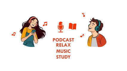 Young man and woman with headphones listening to music, relaxing and enjoying sound on smartphone, concept of podcast, study, and entertainment illustration.