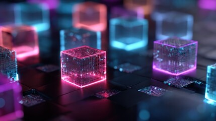 A vibrant, futuristic digital landscape featuring glowing, translucent cubes on a dark grid, evoking a sense of technology and innovation.
