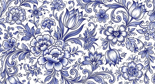 A seamless pattern of blue and white flowers and leaves in a traditional dutch delftware style