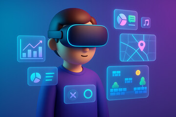 A stylized character wearing a virtual reality headset interacts with glowing holographic interfaces, representing the metaverse, augmented reality, gaming, and digital interaction