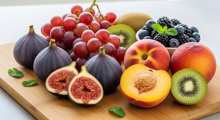 Vibrant assortment of fresh ripe fruits including figs grapes peaches and blueberries displayed artistically.