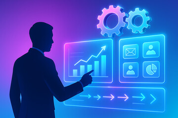 A silhouette of a businessman points to a glowing digital screen displaying business charts and icons, symbolizing data analysis, technology, strategy, and corporate management