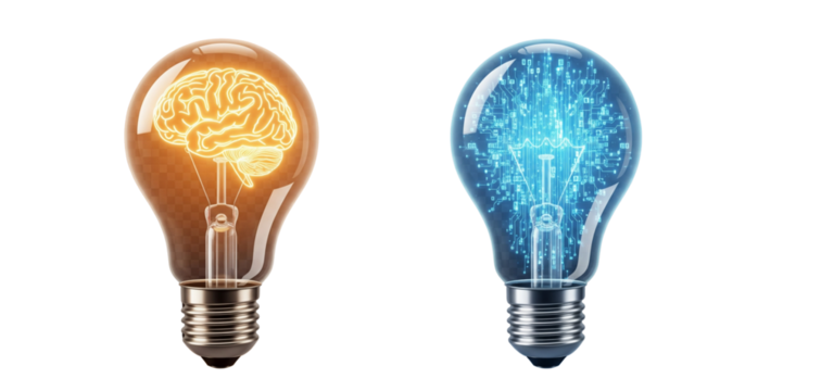  Brain Concept Bulb and Digital Data Bulb Isolated PNG.