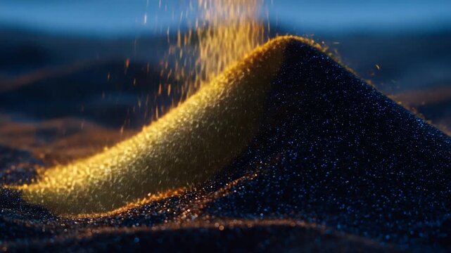 A macro shot of a black sand mound with sparkling grains against a blurred background, symbolizing time and materiality.