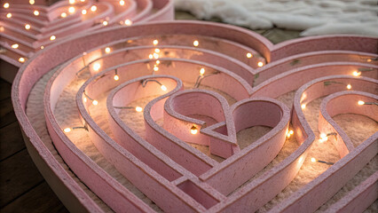 Obraz premium Pink heart shaped maze with glowing string lights, creating romantic and cozy atmosphere on wooden surface with soft fabric accents