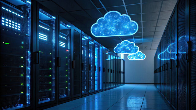 Futuristic server racks glowing in blue with holographic cloud icons representing cloud computing technology in data center