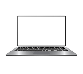 Fototapeta premium Realistic laptop front view, laptop mock up with blank screen isolated on white background. Opened computer screen with keyboard. Smart device. 3D vector render illustration.
