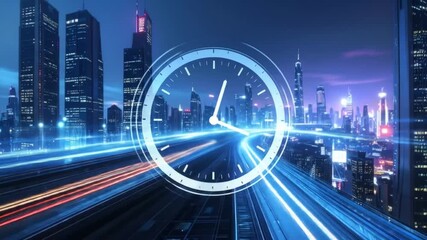 Accelerated Time in Futuristic City: Seamlessly looping through urban landscapes with a prominent - Powered by Adobe