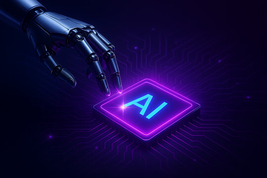 Robotic hand reaching for a glowing purple and blue ai microchip on a futuristic circuit board representing artificial intelligence integration