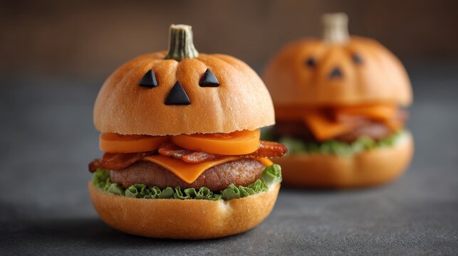 Creative Halloween-themed burger with pumpkin-shaped bun, bacon, cheddar cheese, and fresh lettuce, perfect for festive parties and seasonal celebrations