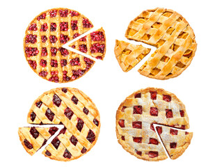 variety of delicious fruit pies with missing slices and traditional lattice crusts