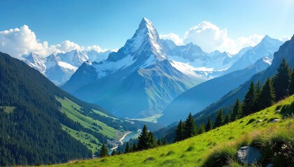 Fototapeta premium A breathtaking panoramic view of a majestic mountain range, snow-capped peaks piercing a vibrant blue sky, lush green valley below, sunlight illuminating the scene , valley, majestic