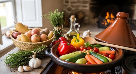 Fresh produce and eggs arranged with tagine pot for delicious home cooking.