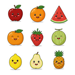 Happy Cartoon Fruits Collection With Cute Faces: Apple, Orange, Watermelon, Strawberry, Lemon, Pear, Melon, Pineapple