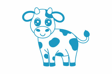 Cute cartoon cow with blue spots smiles sweetly while standing against a white backdrop