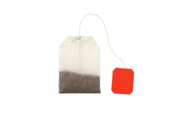 Tea bag with red label on transparent background