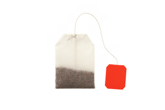 Tea bag with red label on transparent background